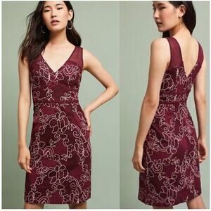 Athropologie Ariana Lace wine red floral Moulinette Sours Column Dress size 6